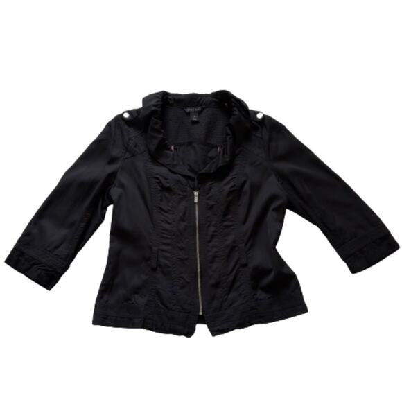 WHBM Jacket Black Zipper Front Ruffled Neck 3/4 Sleeve Utility Jacket Size 14 - Picture 12 of 12